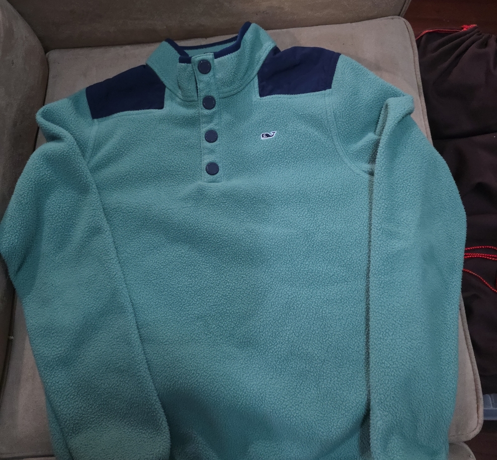 Vineyard Vines Kids Green Fleece Quarter-Snap Pullover with Navy Shoulder Panels